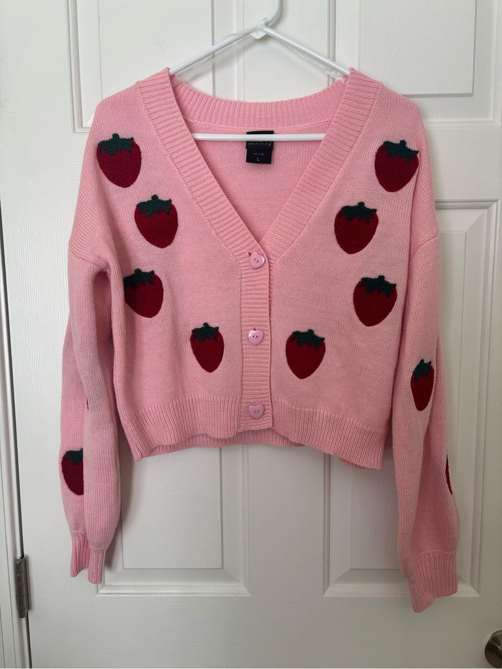 Pink Strawberry-Pattern V-Neck Cardigan Sweater Size Large
